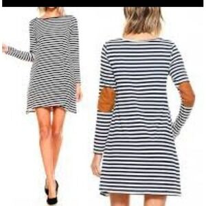 Yelete Striped Long Sleeve Tunic Dress Elbow Patches Black White Womens Medium